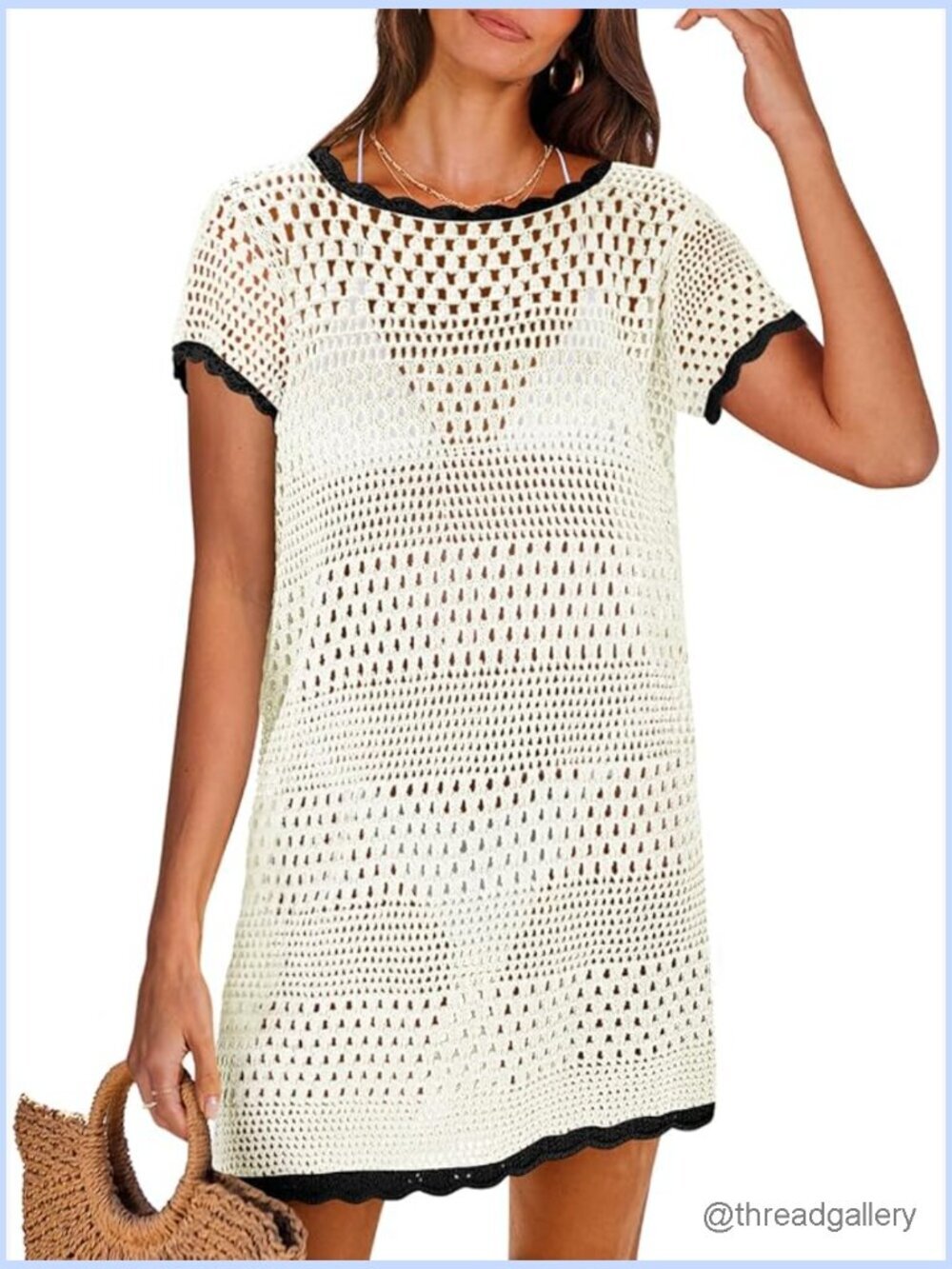 Mesh Knit Crochet Hollow Out Swimsuit Cover Up Beach Dress Short Sleeve Pull On